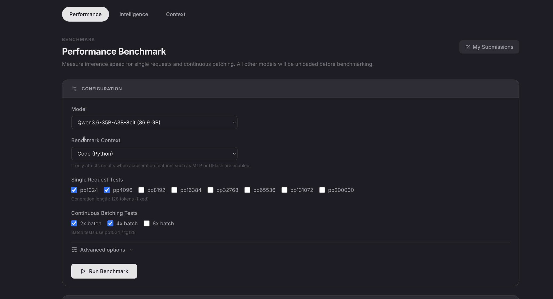 Model and benchmark configuration